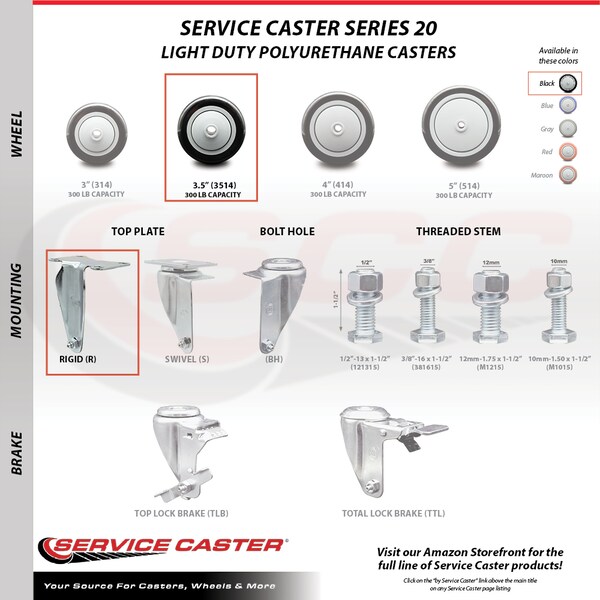 Service Caster 3.5 Inch Black Polyurethane Swivel Top Plate Caster Set with 2 Brake 2 Rigid SCC SCC-20S3514-PPUB-BLK-TLB-TP3-2-R-2 - main